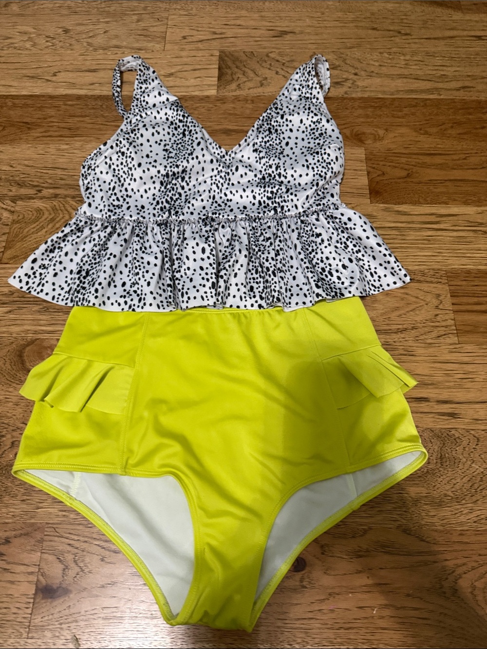 Kortni Jeane White/Black Speckle Peplum Top with Neon Yellow High-Waist Bottoms